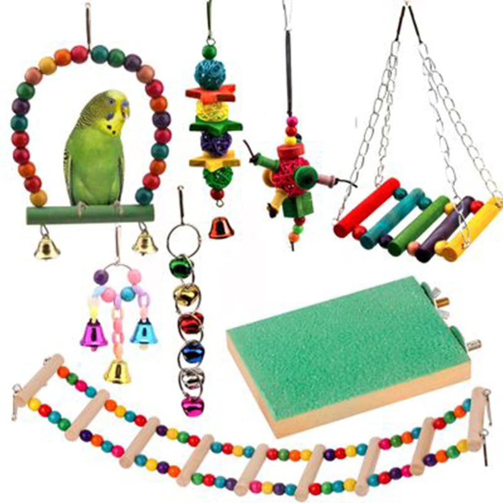 

8 pcs Bird Parrot Toys Pet Climbing Ladders Toys Colorful Chewing Hanging Toy For Parrot, As picture