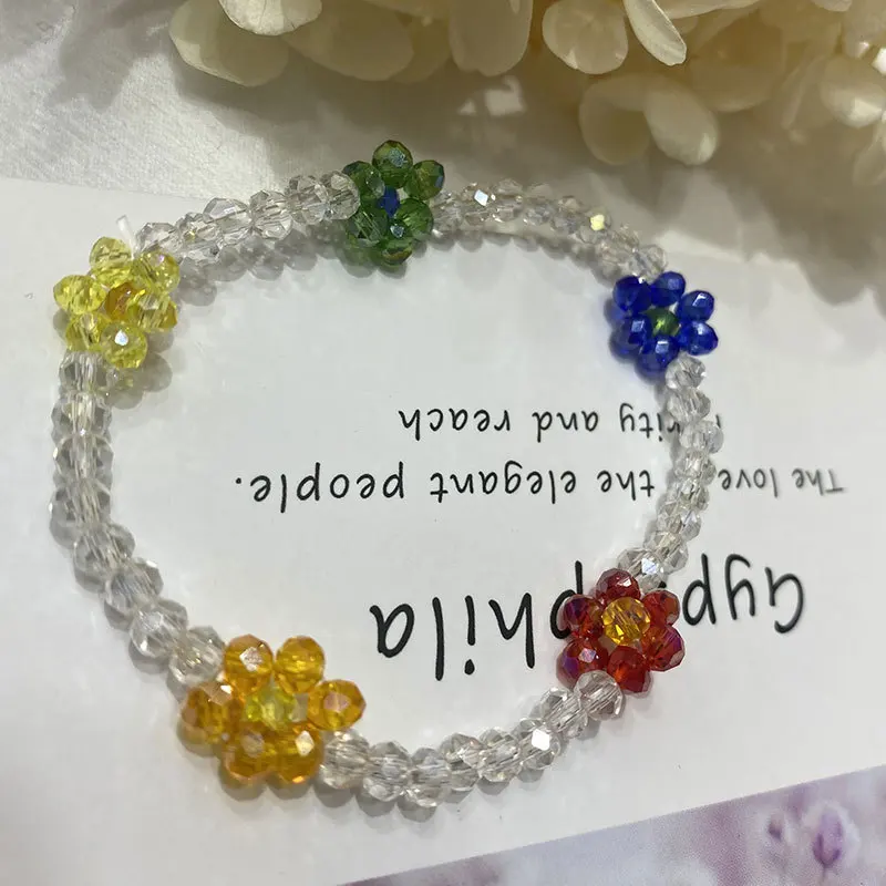 

New Korean Sweet Colorful Crystal Flower Bracelet Handmade Woven Transparent Clear Bead Wristlet for Women Girls Party Jewelry, As picture show