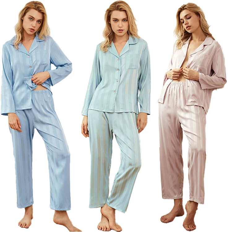 

Homewear Stripe Turndown Neck Nightwear 2 Piece Set Women Long Sleeve Pajamas Wholesale High Quality Casual Women Wear Home Life