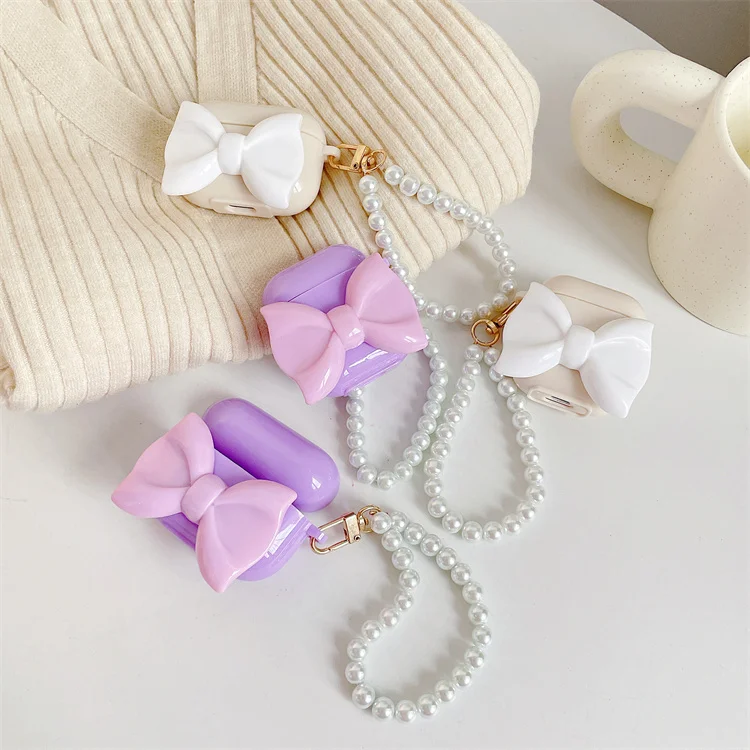 

Fashion Luxury Cute Girl Bow Knot with Pearl Bracelet Soft TPU Case de for Airpods 1 2 and Pro for Air pods 1 2 3