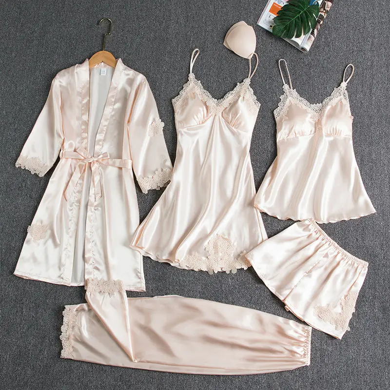 

NS2009 2021 High Quality New Arrivals Satin Women Sexy Pajamas Set 5 Piece Silk Sleepwear For Women, As show