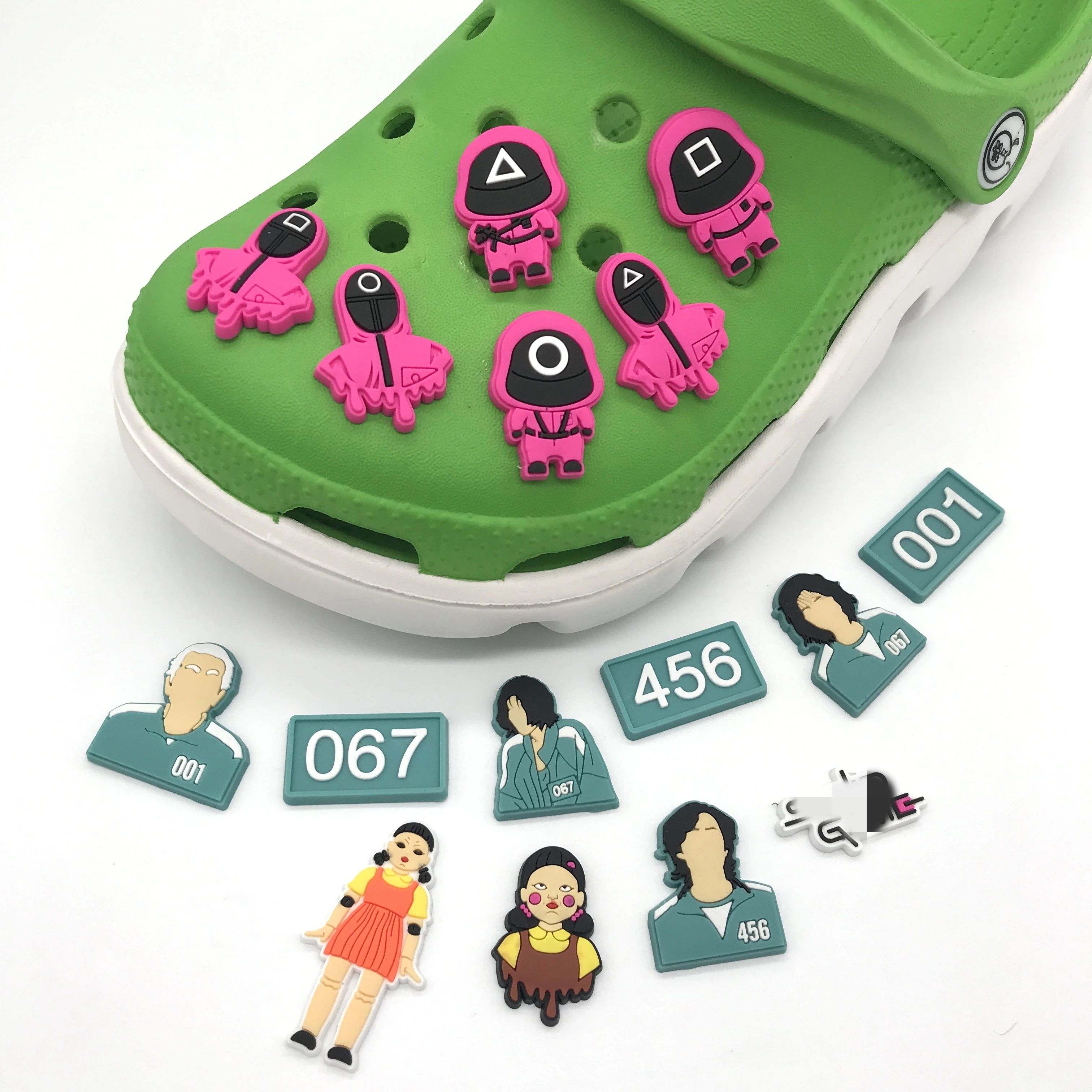 

2021 new design shoe decorations clog charms Korean drama game Round Six party gifts shoes charms croc charms, Picture