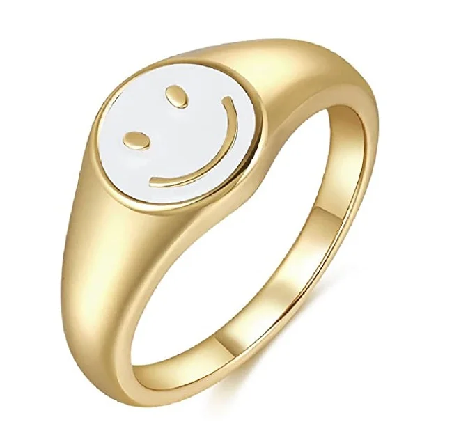 

Signet Asthetic Cool Dainty Statement Rings Smiley Face Ring for Women Girls, As picture shows