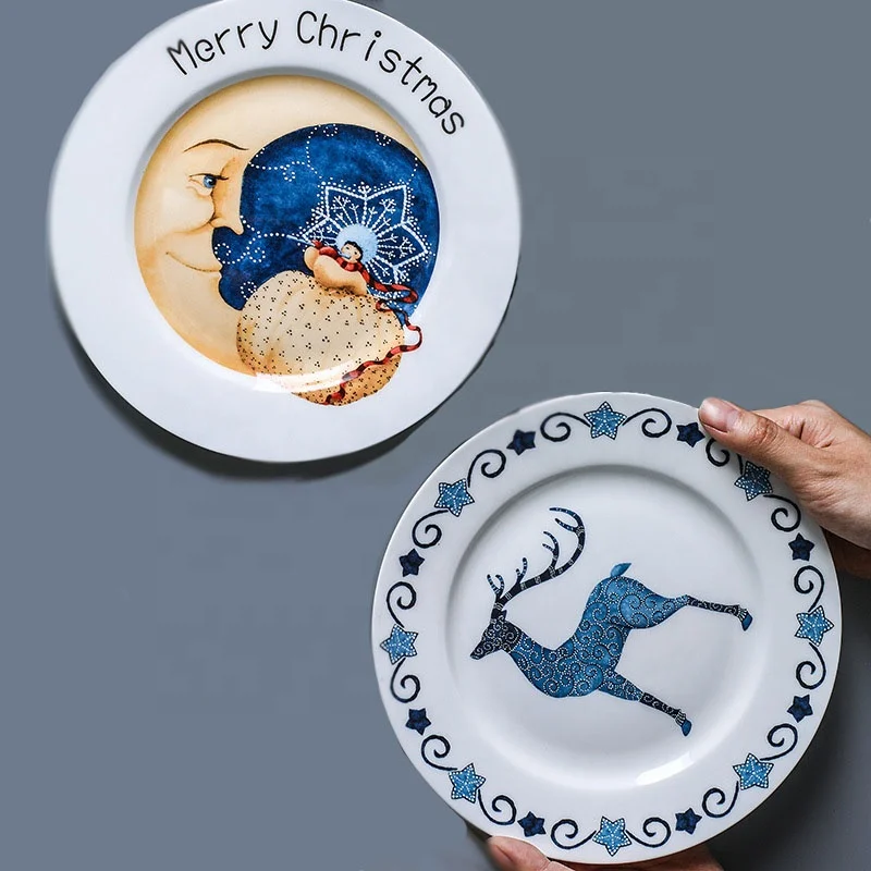 

Christmas theme blue pattern bone china western plate steak plate pasta plate