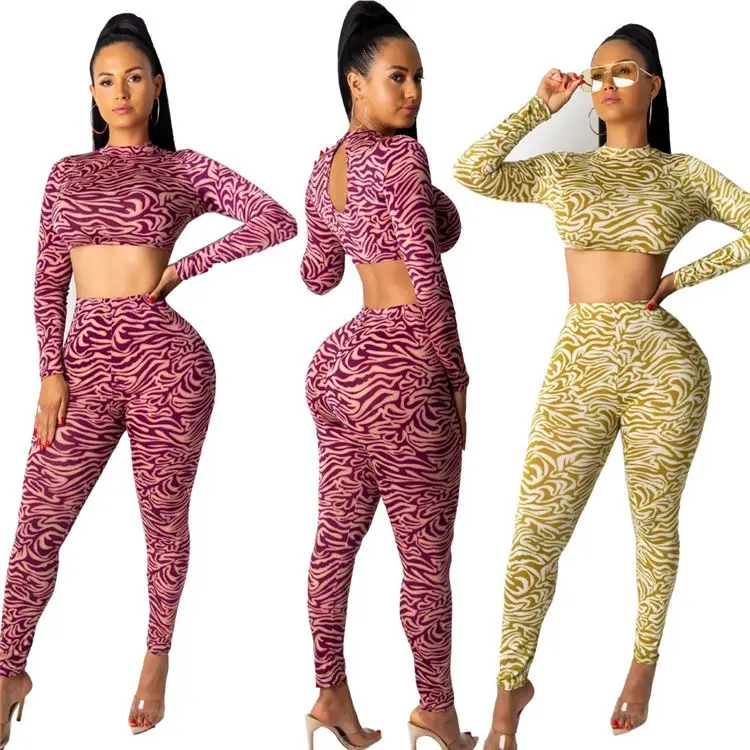 

0919M305 best design leopard print long sleeve crop top Clothing Pant Women Two Piece Set 2021