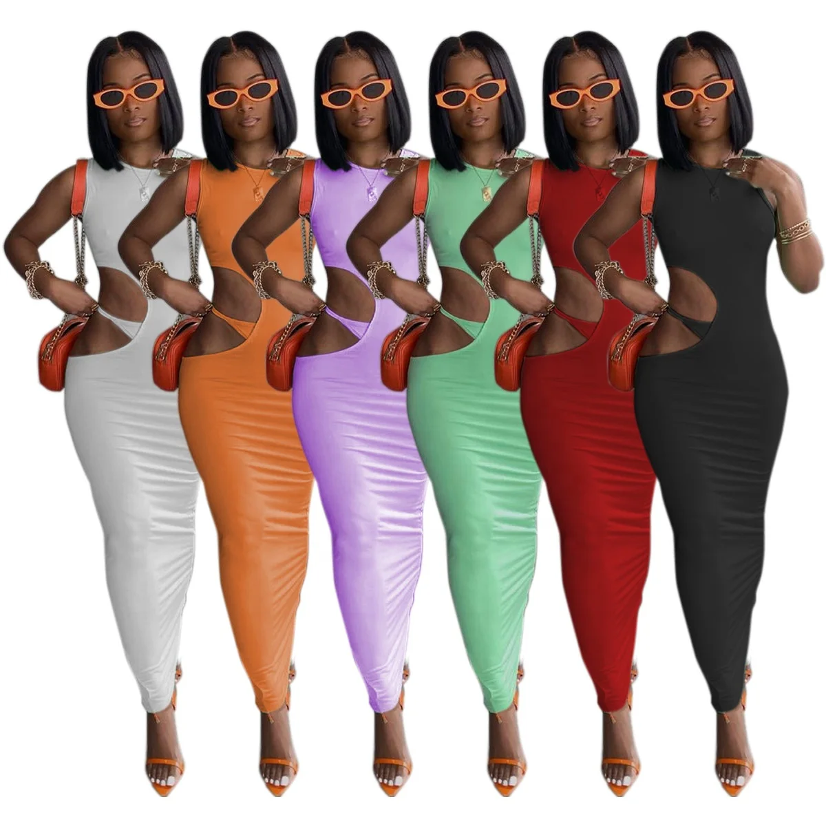 

Custom Logo Tag Sexy Party Dress Women Neckless Sleeveless Backless Waist Hollow Club Dresses 2021 Plus Size Dresses