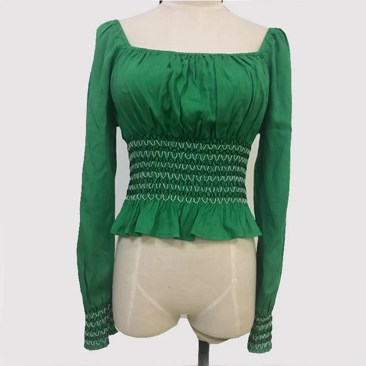 

Smocking Elastic Blouses Lady Long Sleeve Casual Tops For Women