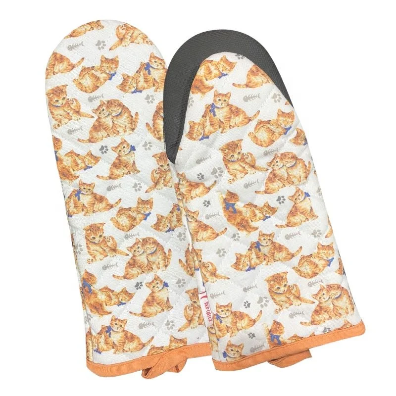 

Cat design cotton neoprene long bbq custom oven mitts baking glove with print, Customized color