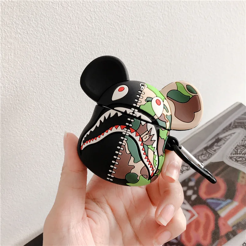 

3D Designers Stylish Camo Shark Pattern Wireless Headset Protective Case Silicone Cover for Airpods 1 2 Pro