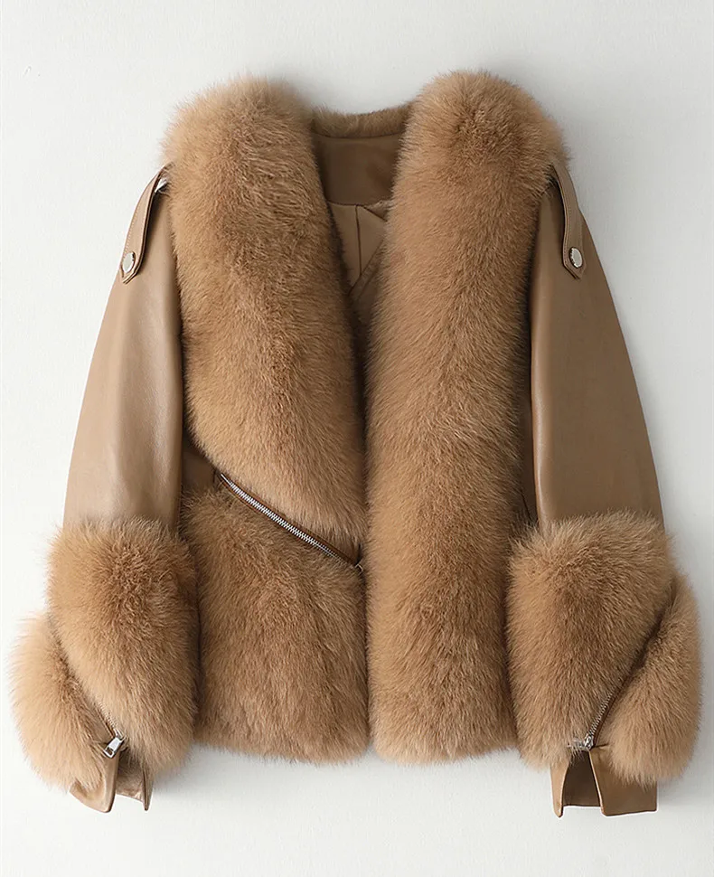 

Luxury Real Fox Fur Sheepskin Coat Ladies Women's Patchwork Genuine Leather Short Jacket For Autumn Winter Warm Outwear