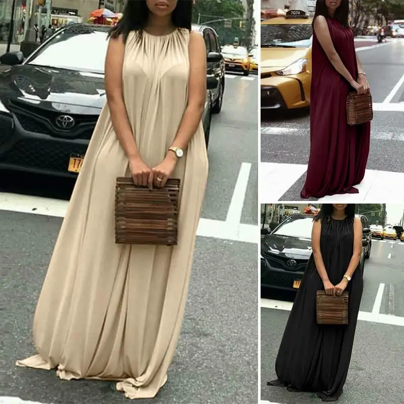 

Women Bohemian Long Maxi Dress O Neck Sexy Lace up Sleeveless Summer Sundress Casual Loose Solid Beach Robe, Many