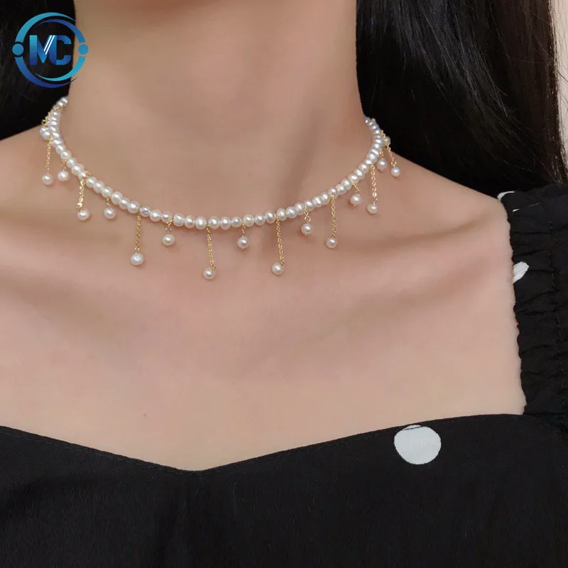 

New Freshwater Pearl Handmade Necklace for Women Niche Design Internet Celebrity Popular Ornament Clavicle Necklace Chocker, White