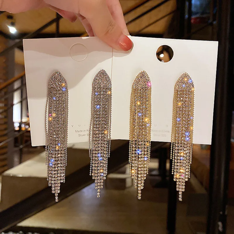 

New Fashion Shiny Crystal Rhinestone Ladies Long Tassel Earrings, Picture