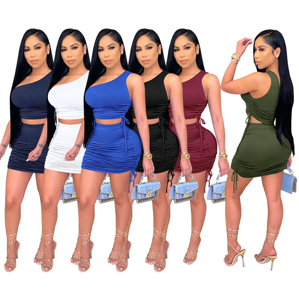 

Two Piece Skirt Set One Shoulder Crop Top Ruched Bodycon Mini Dress for Women Vacation Outfits Sexy Club Matching Sets, Shown