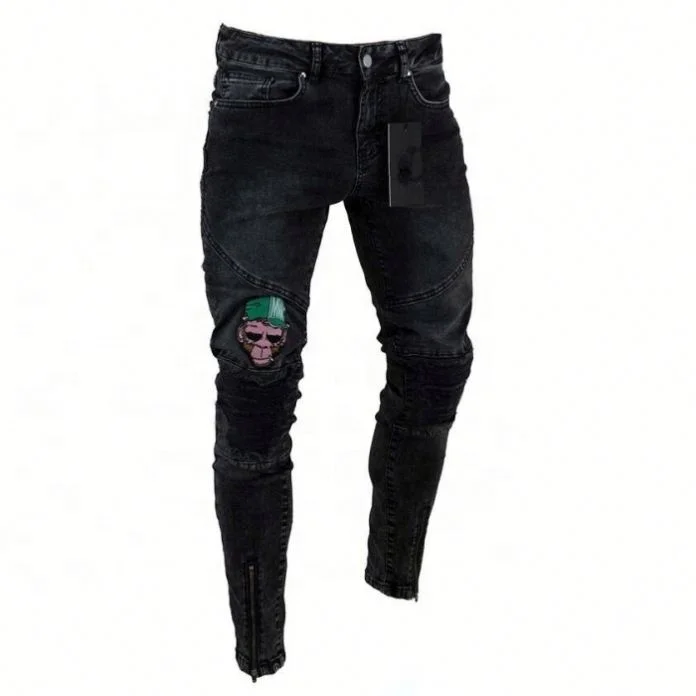 

JH Monkey Embroidery jeans Straight skinny jeans Men Casual Slim pants Men's Black Trousers