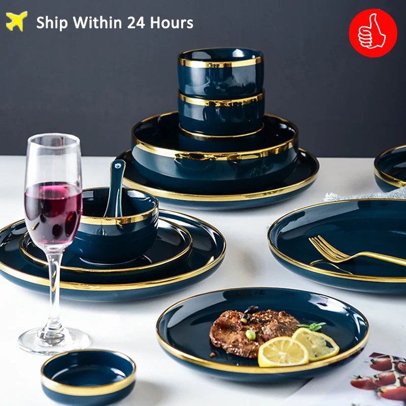 

Blue Porcelain Dinner Plates Dishes Luxury Gold Inlay Ceramic Tableware Set Plates for Food Salad Soup Bowl for Restaurant Hotel, Deep blue/blue