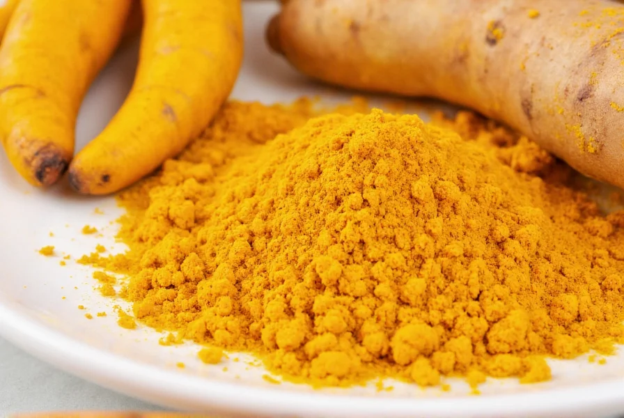 Close-up of turmeric root and powder showing vibrant yellow color