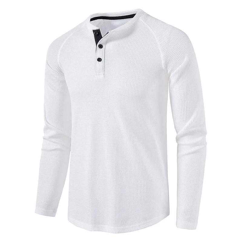 

High quality Men's long-sleeved t-shirt bottoming shirt autumn black round neck polyester Waffle men's henley shirt