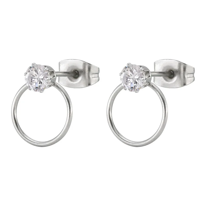 

Fashion Round Circle Earrings Stainless Steel Transparent Zircon Pin Earrings For Women, Picture
