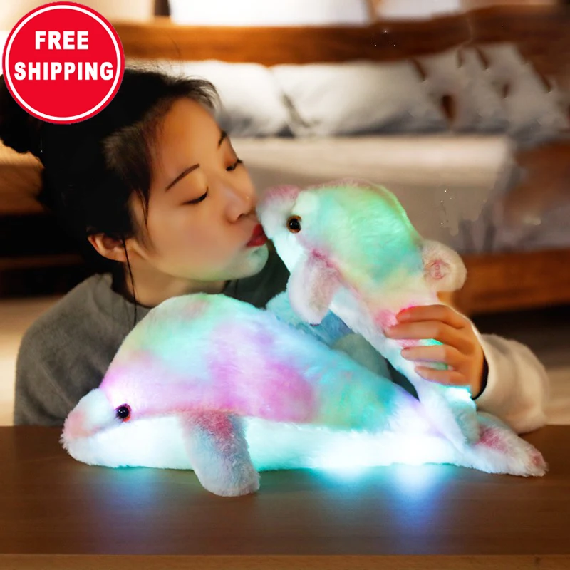 

Wholesale custom 30cm/45cm led luminous dolphin plush pillow doll short plush toy with light, Colorful