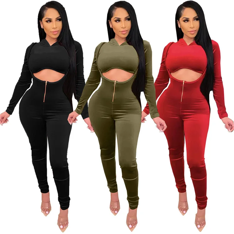 

Wholesale Vendor Long sleeve 2 piece Spring Autumn Clothes Hooded Long Sleeve Crop Top and Suspender Skinny Pant Outfits, As picture
