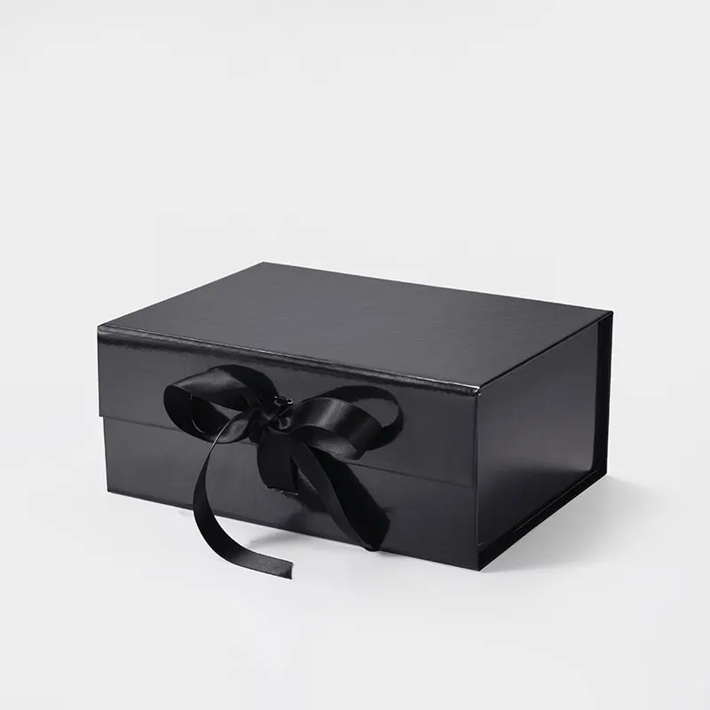 

Deluxe fast shipping 2pcs black magnetic flap paper gift packing hamper presentation box with ribbon