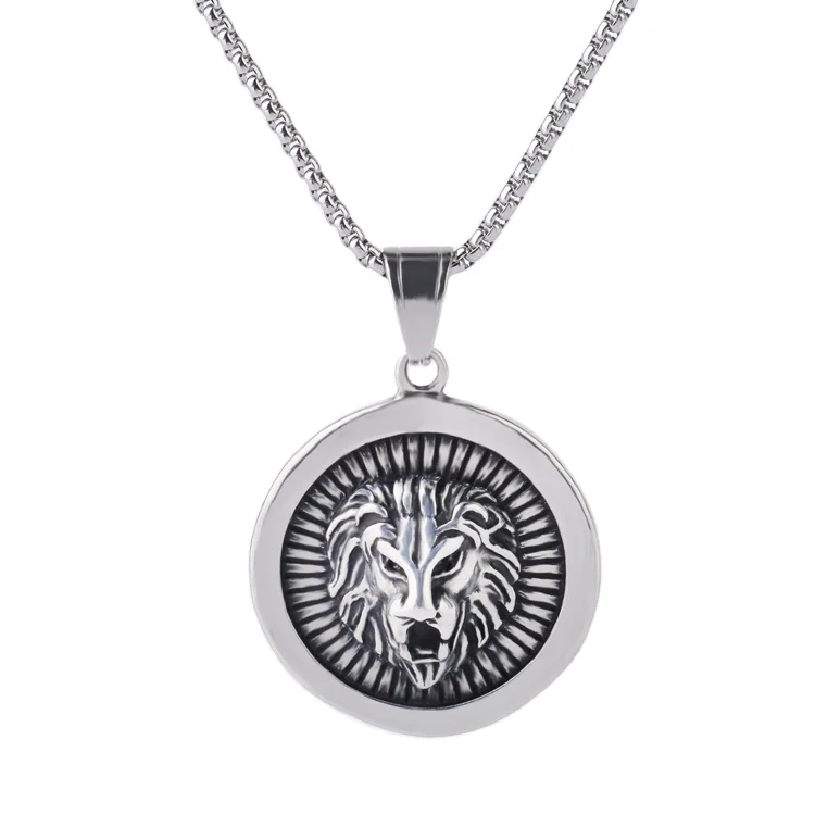 

Hip Hop Round Lion Necklace Silver Color Punk Animal Lion Head Pendant Necklace for Men Jewelry