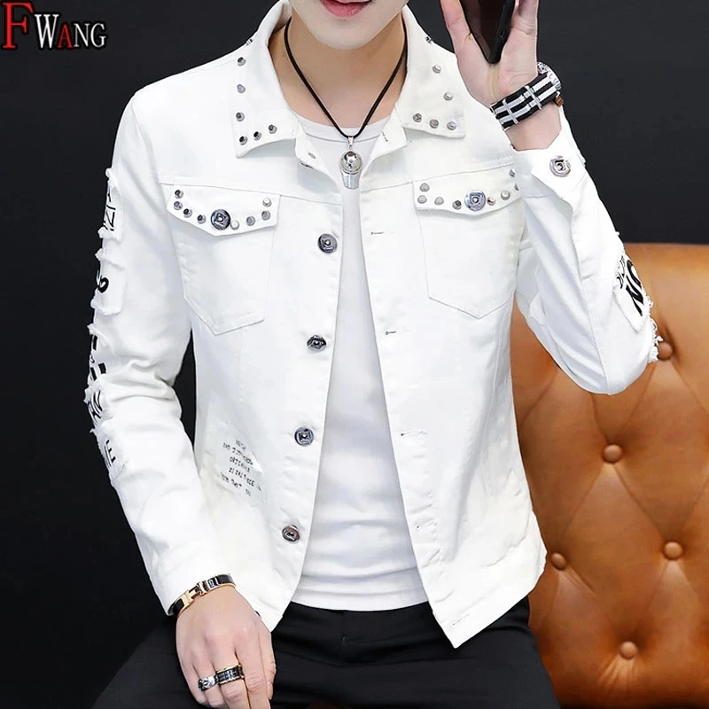 

Spring Winter Korean Fashion Hip Hop Denim Jackets For Men 2021 man Cowboy Ripped Hole Men's Clothing Teenagers Rivet Jacket