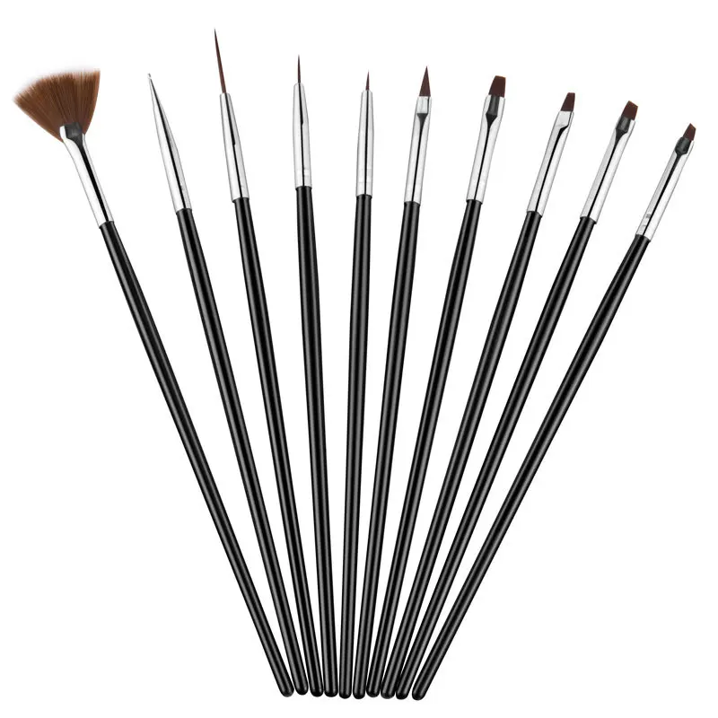 

10Pcs Nail Art Brush Liner Dotting Fan Design Acrylic Builder Flat Crystal Painting Drawing Carving Pen UV Gel Manicure Tool Set