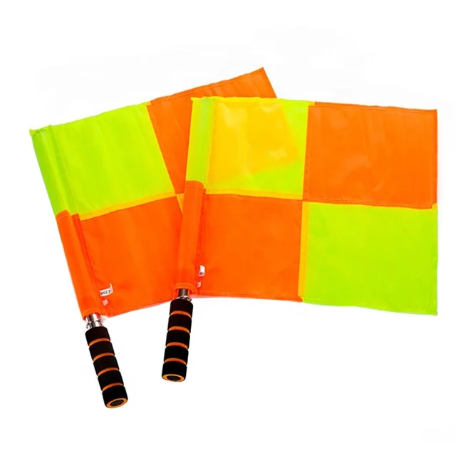 

factory supply custom referee kit polyester checkered flag stainless steel stick referee flag soccer, Yellow+ orange