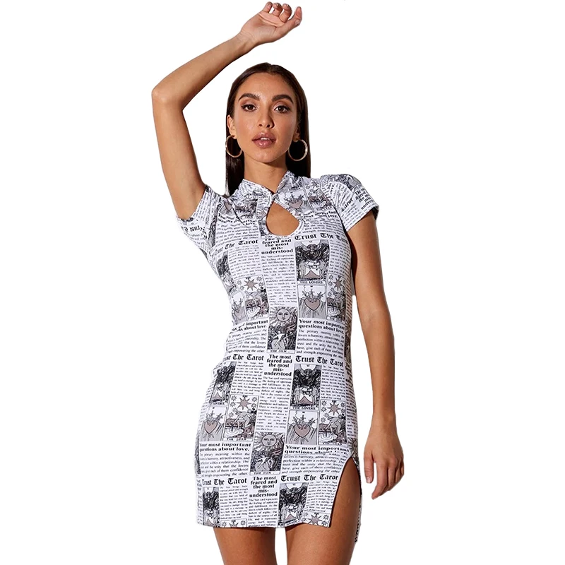 

Mutongyi New design newspaper women clothes hot sale newspaper printing dress sexy tight package hip cheongsam dress