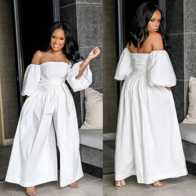 

CL-152 Fashion Women Long Wide Designer Jumpsuit Plain Loose 3xl Plus Size White Jumpsuit, As picture show