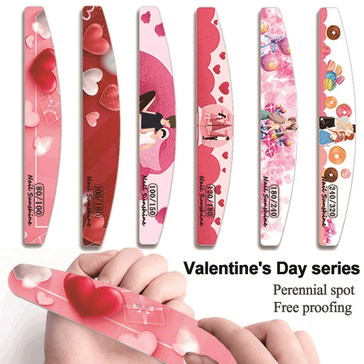 

Romatic Valentine's Day Nail File High Grade Double Sided Waterproof Pink Printed Half Moon Nail File Manicure Nail Art Tool, As shown in flgure 6 (can be printed on request)