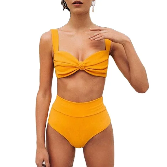 

Amazon Explosive Split Swimsuit 2020 New Sexy Bikini Solid Color High Waist Striped Women's Bikini and swimwear, Customized color and as per picture