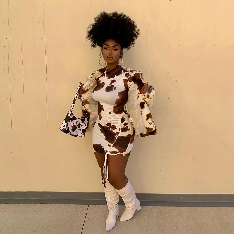 

Bomblook M20927D Fashion Cow Print Womens Mini Dress 2021 New Arrival Short Sleeve Side Drawstring Skinny Dress Night Dress