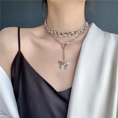 

European Newest Silver Plated Butterfly Choker Necklaces Multilayers Chunky Chain Butterfly Pendant Necklaces