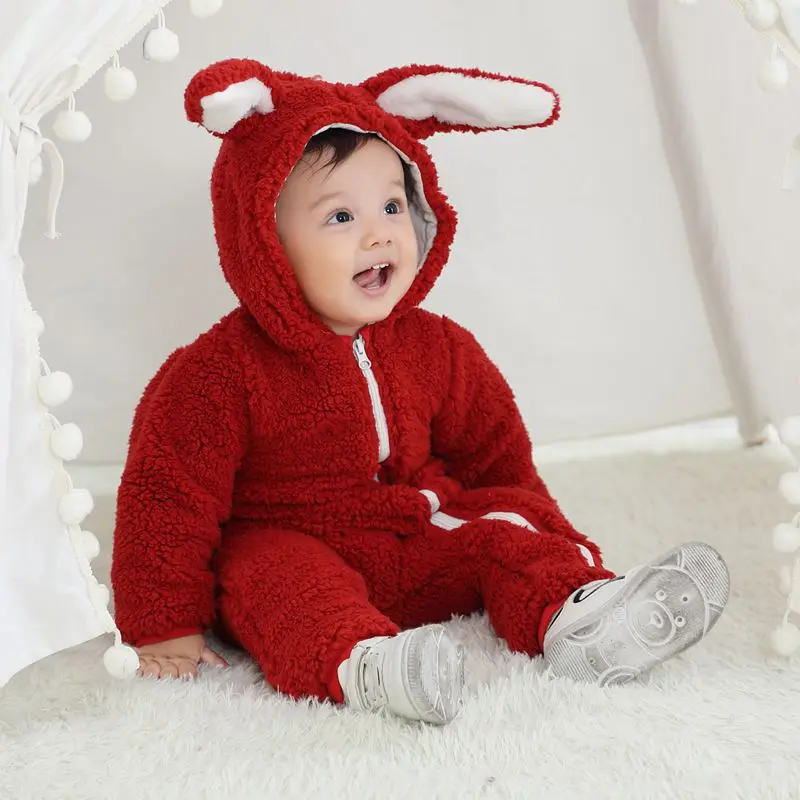

Newborn Toddle KidsJumpsuit Solid Color Rabbit Ears Hooded Clothes Winter Warm Infant Baby Flannel Romer