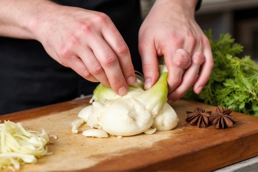 Chef's hands preparing fennel bulb and anise seeds for cooking demonstration