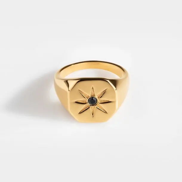 

New Fashion Jewelry Women Black Stone Ring Gold North Star Ring Stainless Steel Star Signet Ring