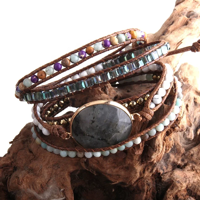 Fashion Handma Bohemian Jewelry Boho Armbander Natural Stones Jasper Big Charm 5 Strands Wrap Bracelets