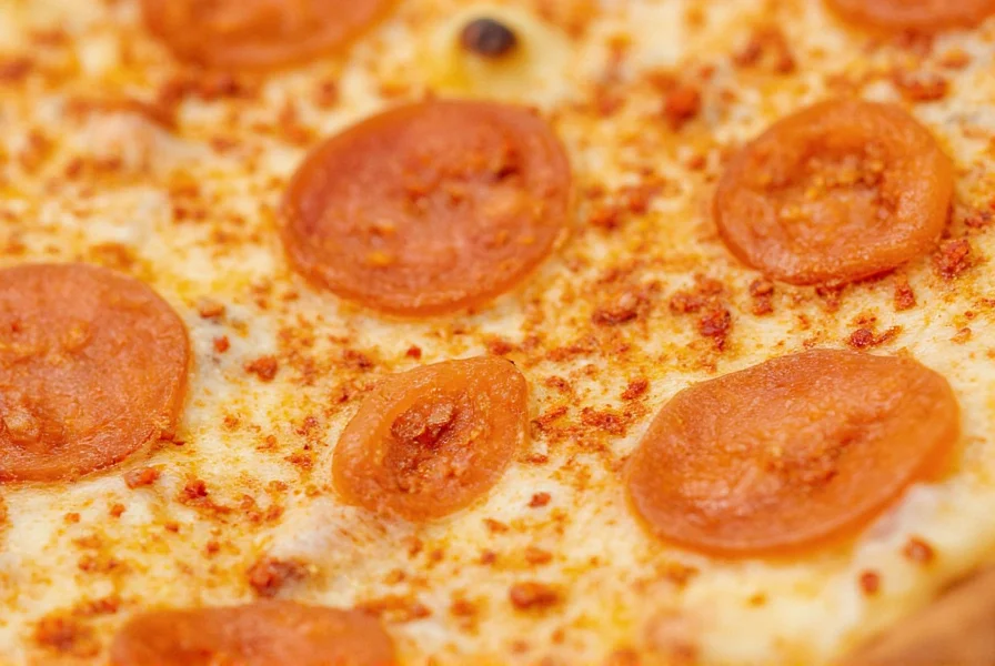 Close-up of crushed red pepper flakes sprinkled on pizza with visible red flecks