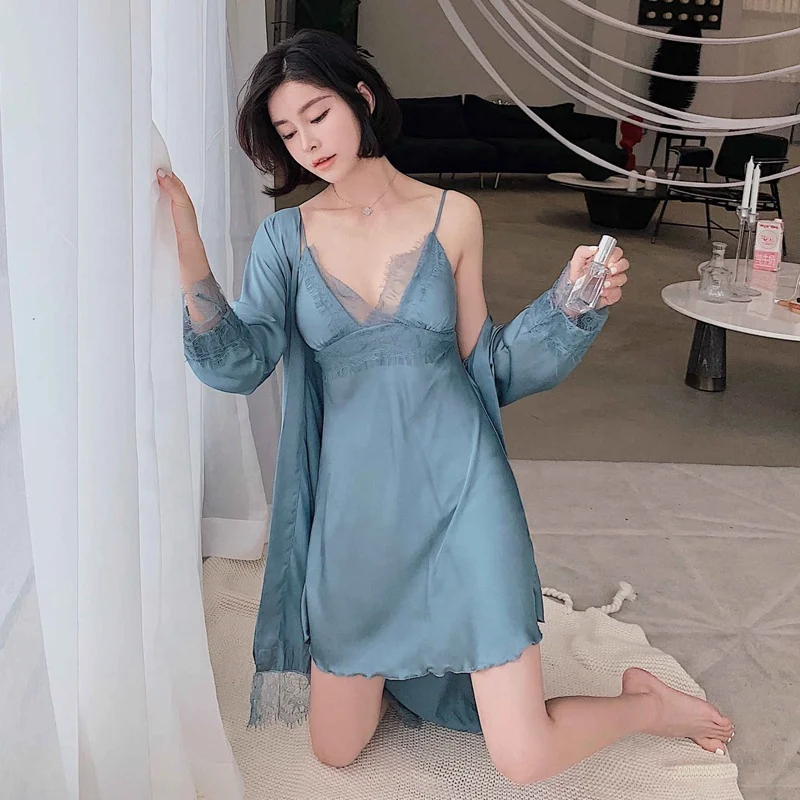 

Hot Selling Product Women Stain Nightgown Sexy Lounge Sleepwear with Robe