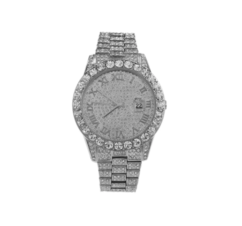 18 K Roman numeral dial Mens Watches Fashion Women Iced out stainless steel Quartz Wristwatch