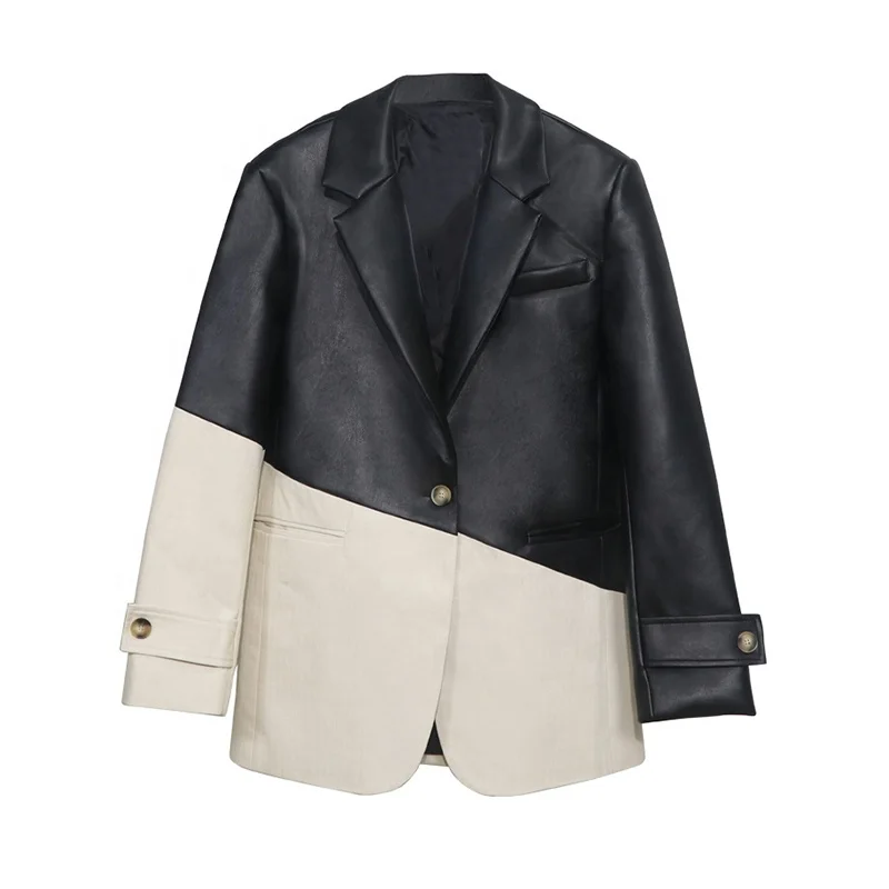 

TWOTWINSTYLE Notched Long Sleeve Patchwork PU Leather Hit Color Loose Blazer Women