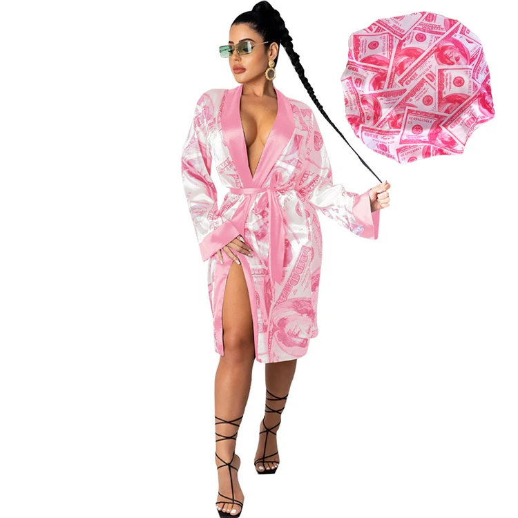 

Wholesale fashion long sleeve women satin silk sleeping bath money designer luxury robe bonnet sets, Customized color
