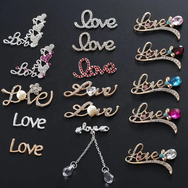 

Hot Sale High-class Metal Letter Luxury Clog Pins LOVE Charms Shoe Decoration Bling Letter Bling Charms Diamonds, As picture