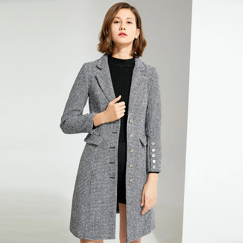 

2020 New Arrivals women Long Sleeve Single-Breasted houndstooth pattern blazer long coat