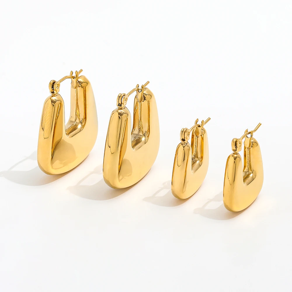 18K Gold Plated Tarnish & Waterproof Chunky Geometric Hollow U Hoop Earring Stainless Steel Fashion Jewelry