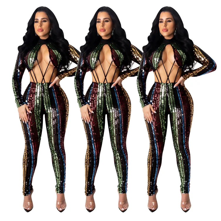 

*GC-T065 2020 new arrivals open waist back zip colorful Wholesale sequin night clubwear womens sexy bodycon trendy jumpsuit, Multicolor
