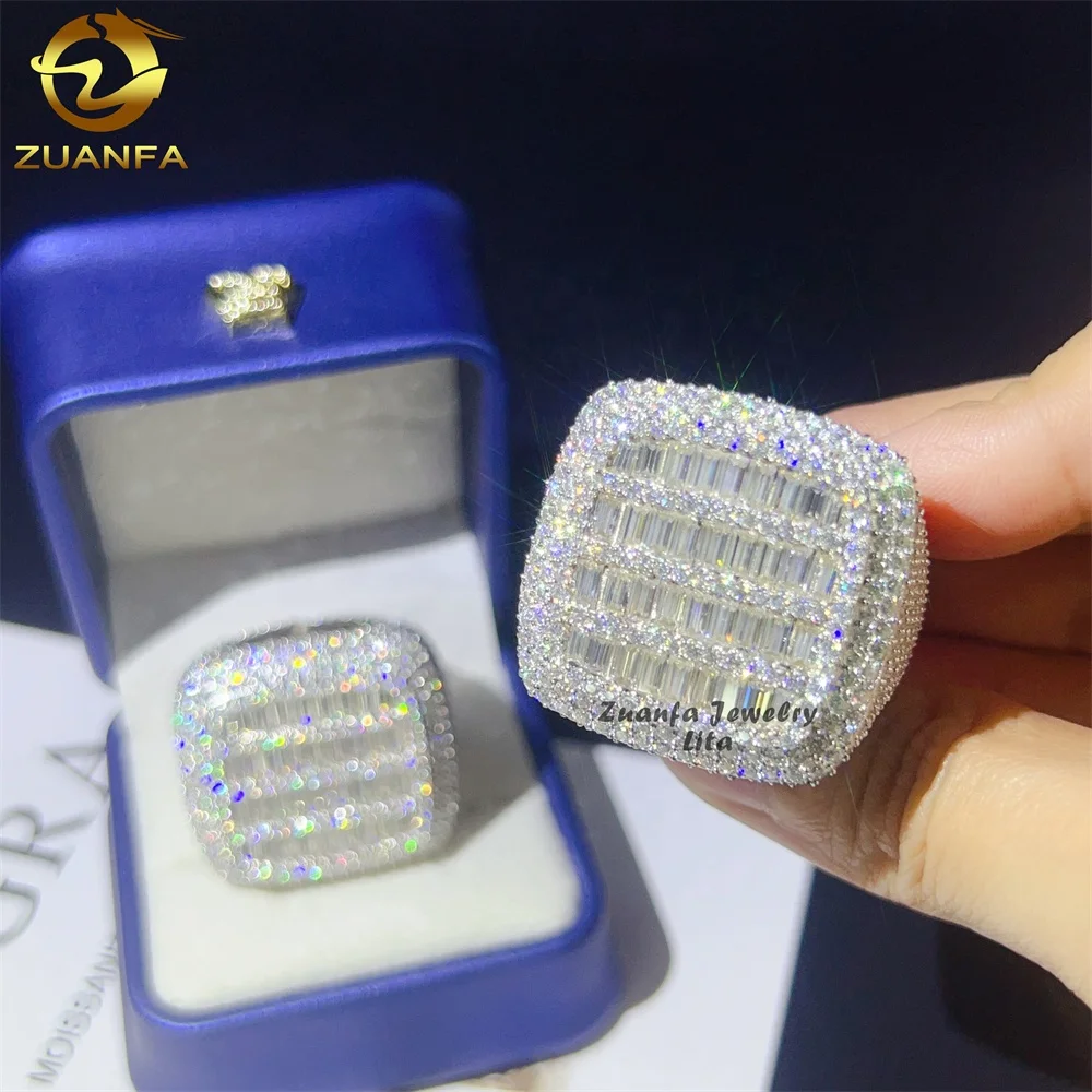 

Luxury big pass diamond tester diamond hip hop rings baguette 925 sterling silver mens moissanite ring